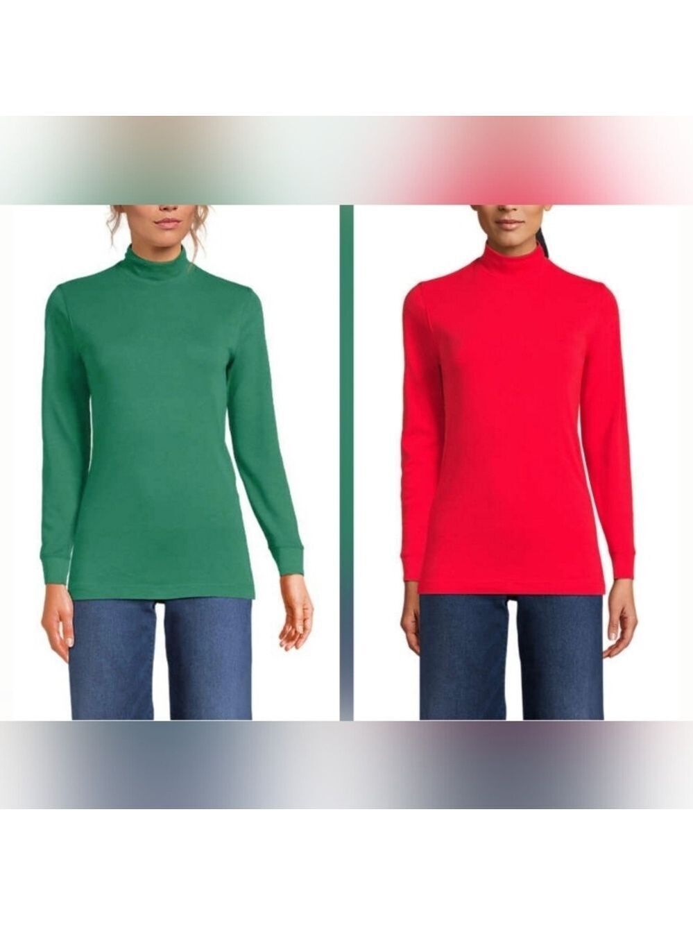 Lands' End Set Of 2 Women's Mock Turtleneck Shirts - Green And Red- Size Small